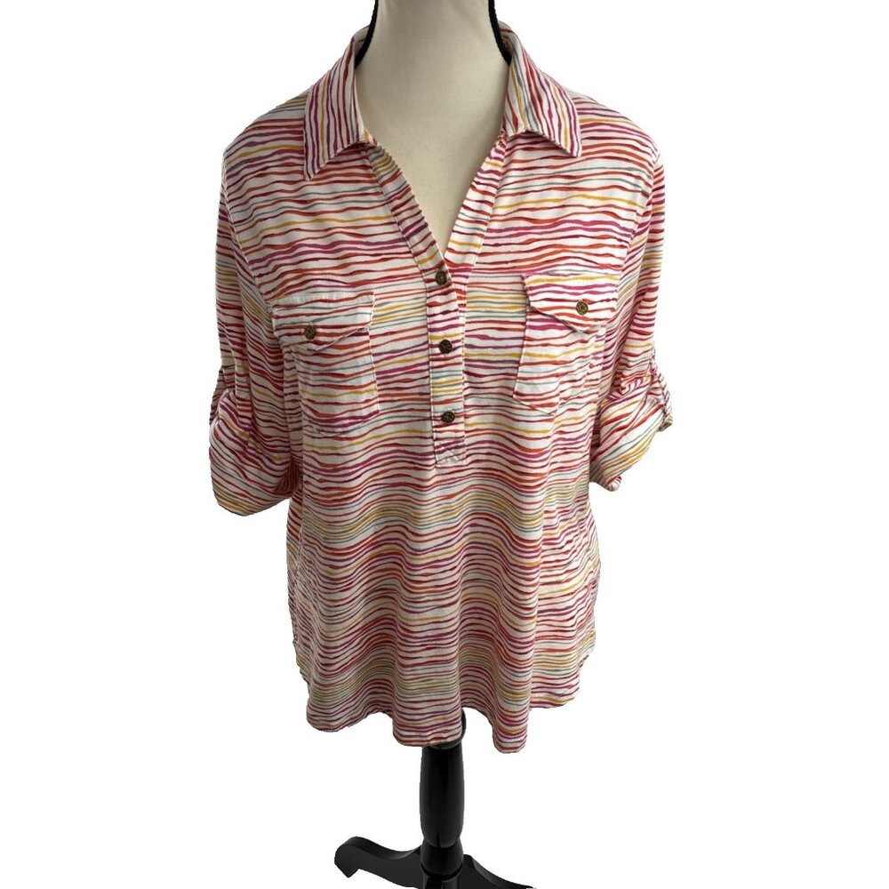 Cathy Daniels Womens XL Top Multicolor Stripe Button Front 3/4 Sleeve Blouse